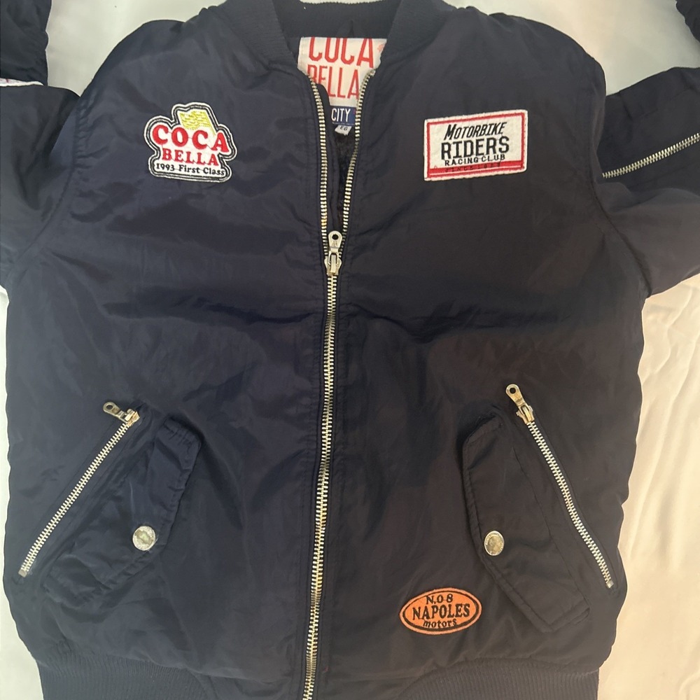Coca Bella Moto Racing‎ Bomber Jacket – Navy Satin Patch Streetwear Y2K Style - Picture 9 of 12